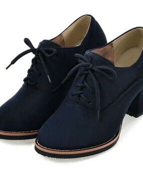 Navy Blue Suede Lace-Up Platform Heels